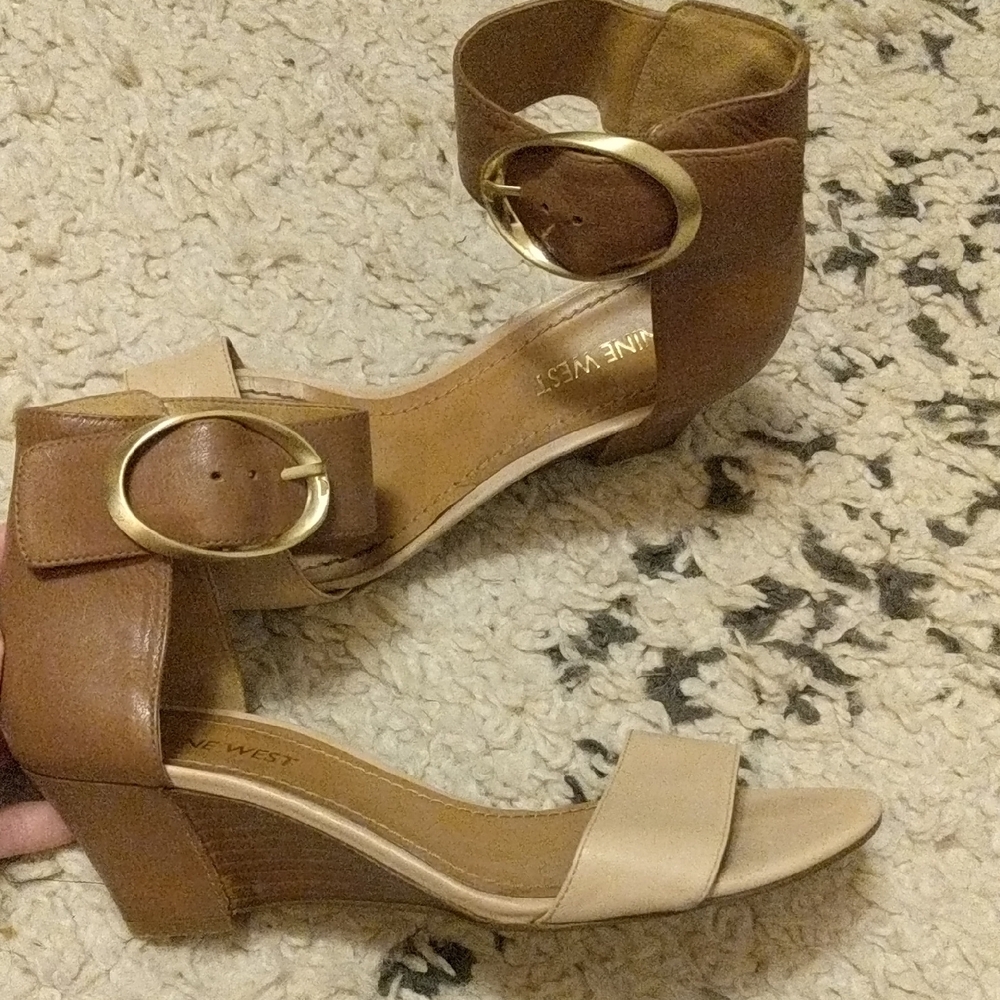 Nine West Two-Tone Nude and Tan Ankle Strap Heels with Gold Buckle Accent - Picture 3 of 6